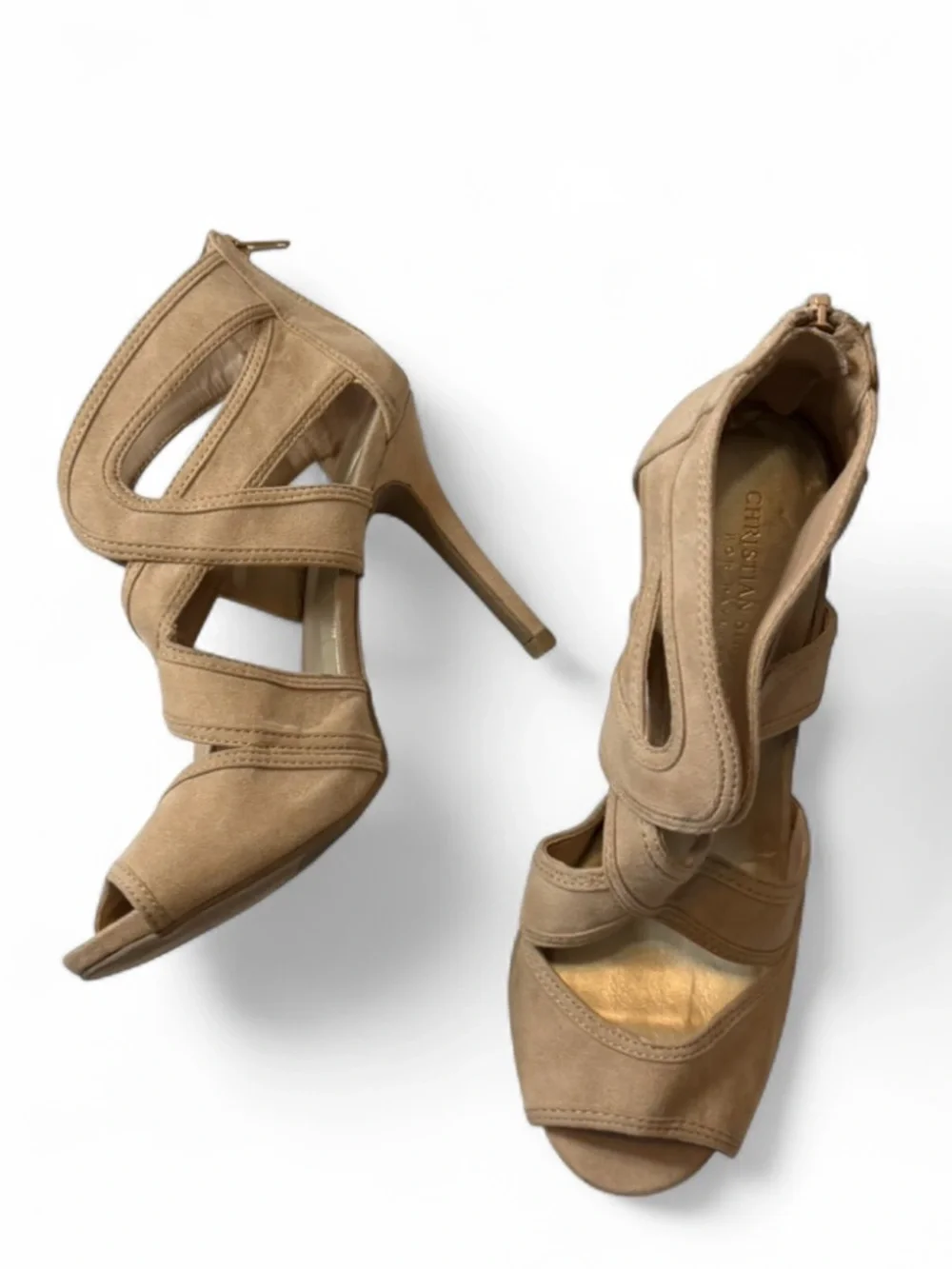 Christian Soriano Beige Strappy Peep Toe Stillettos, Women's Size‎ 8